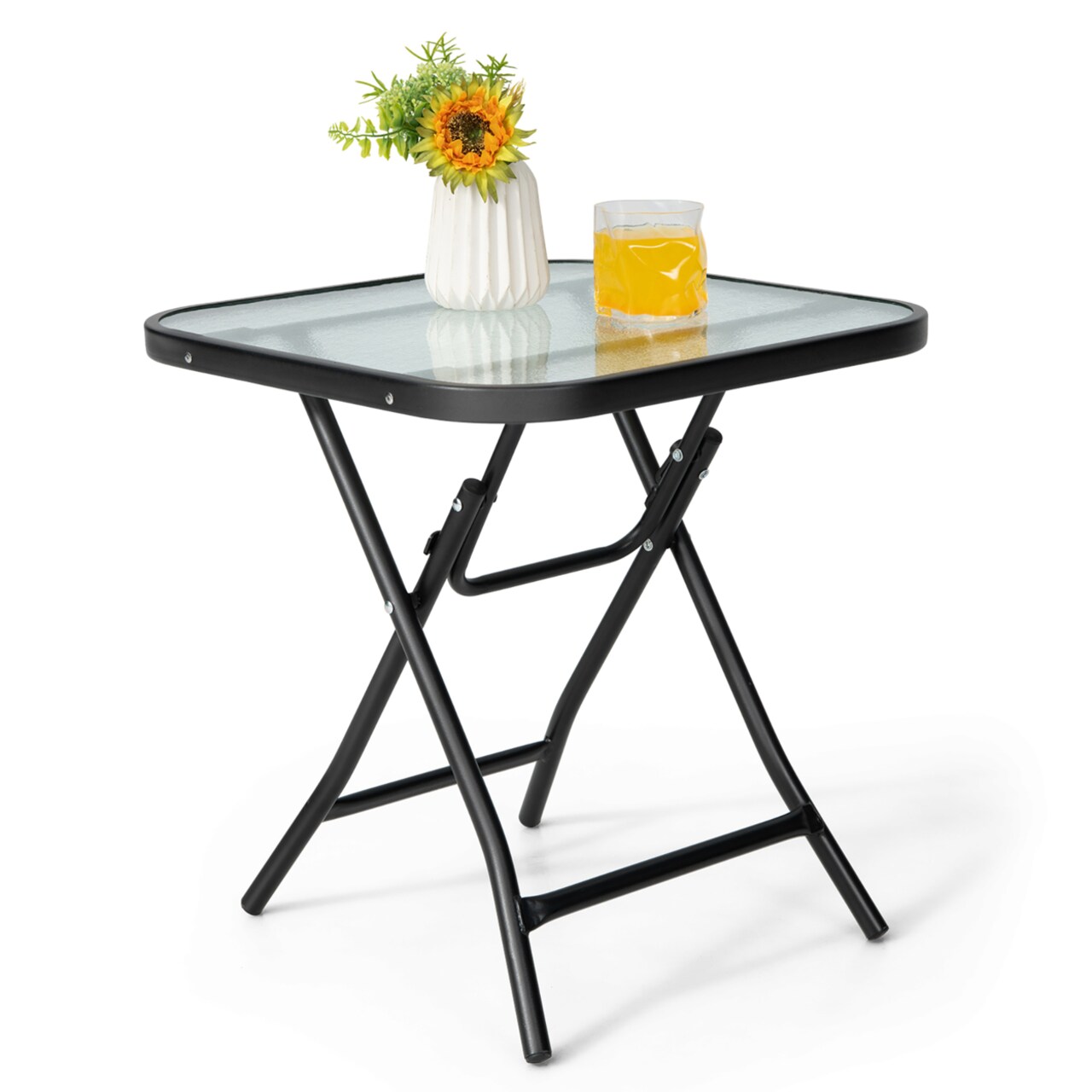 18 Foldable Patio Side Table Square Coffee Bistro Table W/ Tempered Glass Table Top